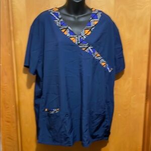 Scrub top Navy  Blue V-NecTop with Geometric Trim